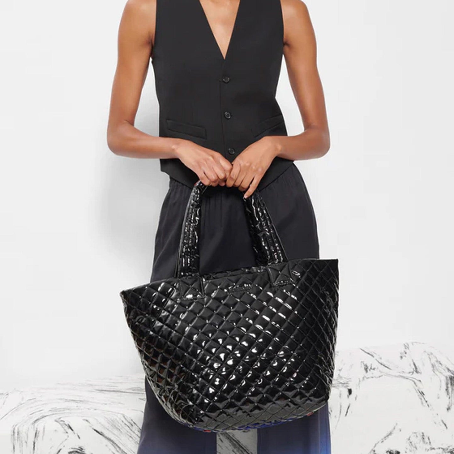 Black Lacquer Medium Metro Tote Deluxe - Cosmos Boutique New Jersey