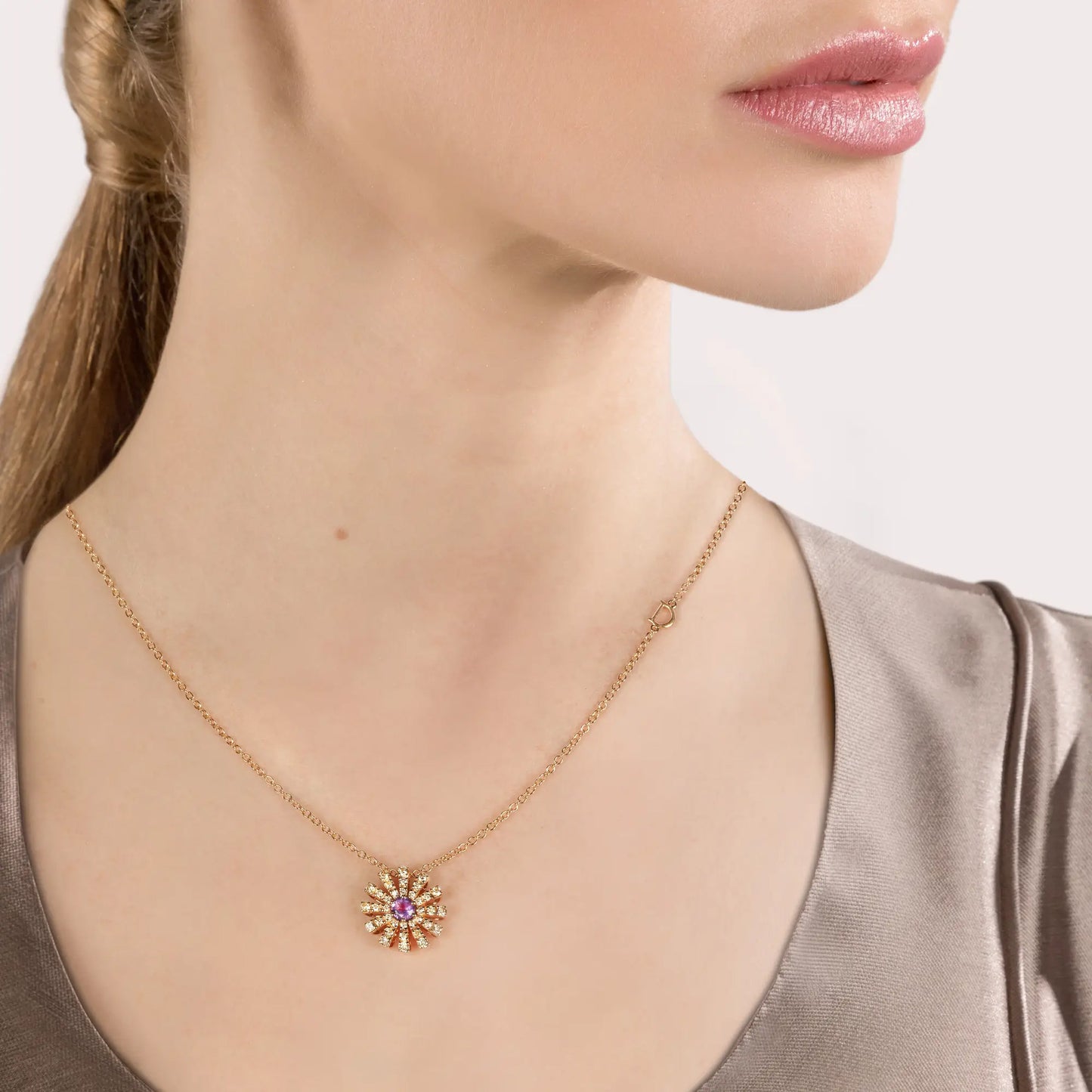MARGHERITA Pink gold brown diamonds and amethist necklace