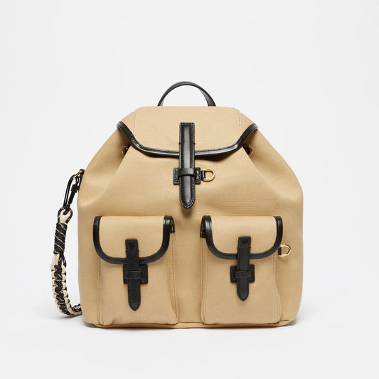 Cotton and leather backpack - BEIGE
