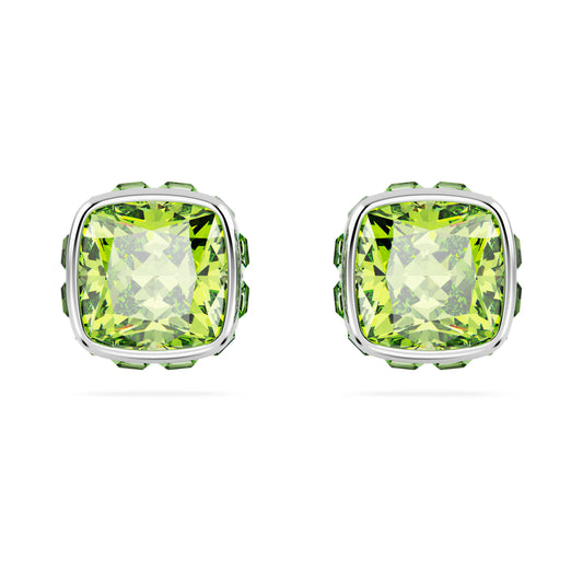 Birthstone stud earrings Square cut August Green Rhodium plated