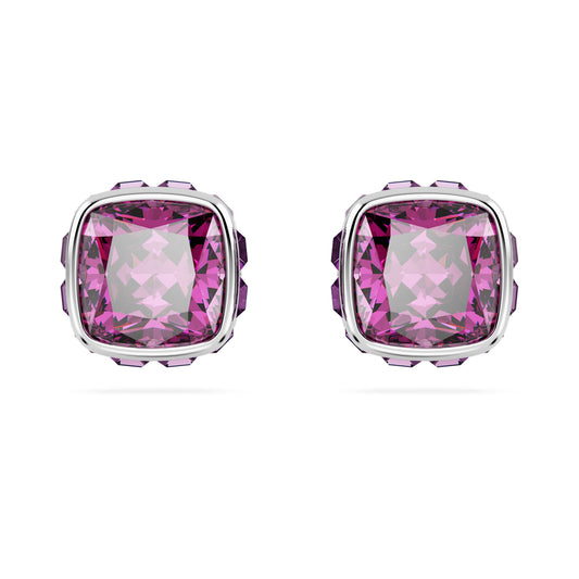 Birthstone stud earrings Square cut February Pink Rhodium plated