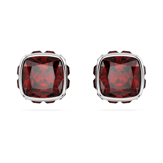 Birthstone stud earrings Square cut January Red Rhodium plated