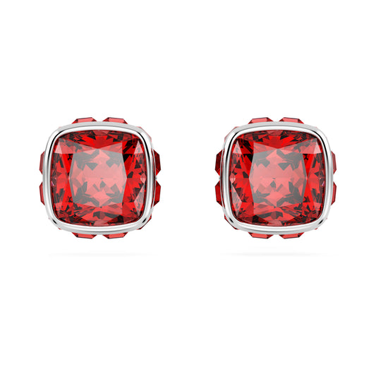 Birthstone stud earrings Square cut July Red Rhodium plated