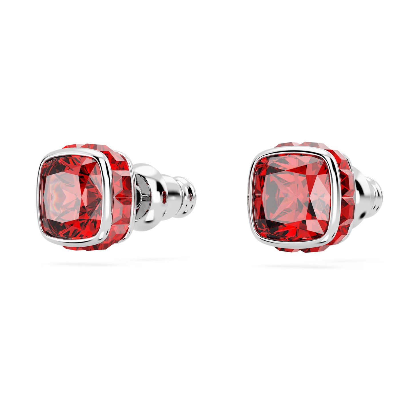 Birthstone stud earrings Square cut July Red Rhodium plated