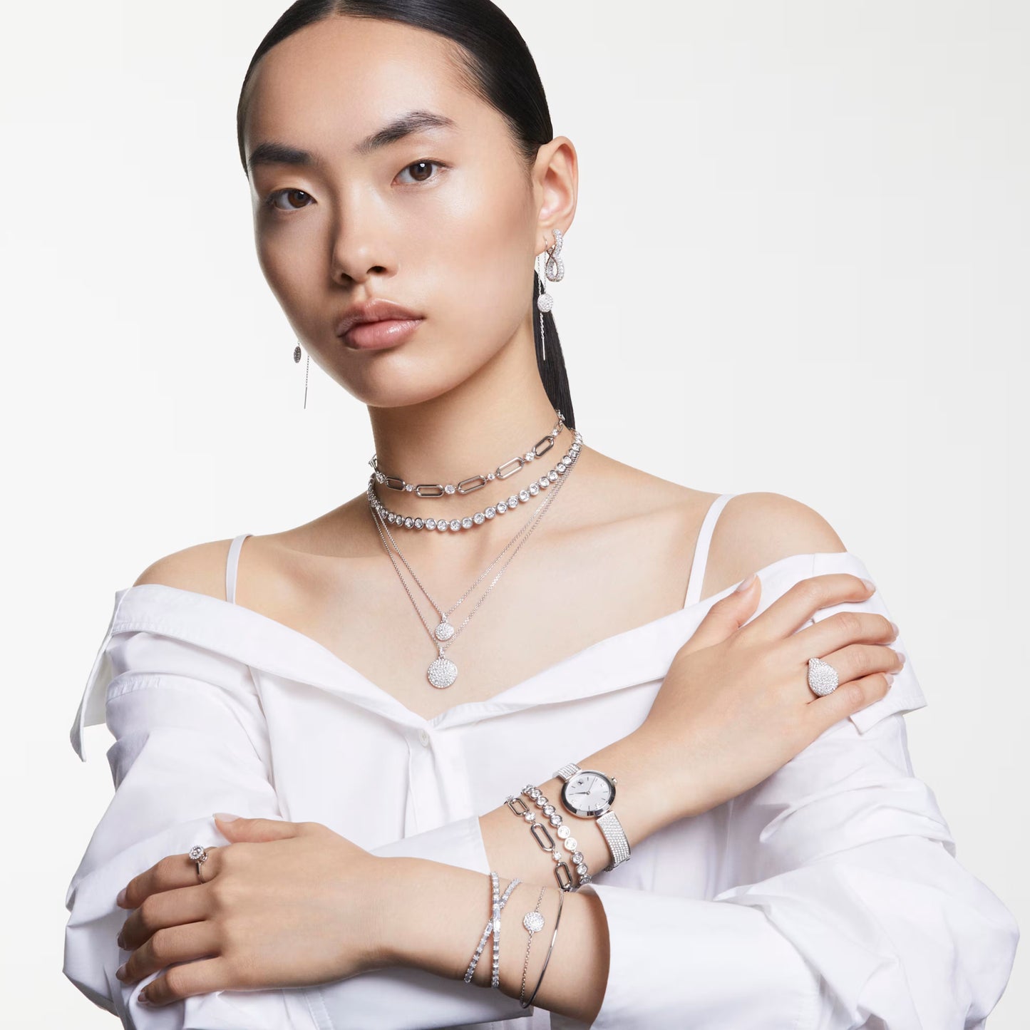 Sublima drop earrings White, Rhodium plated