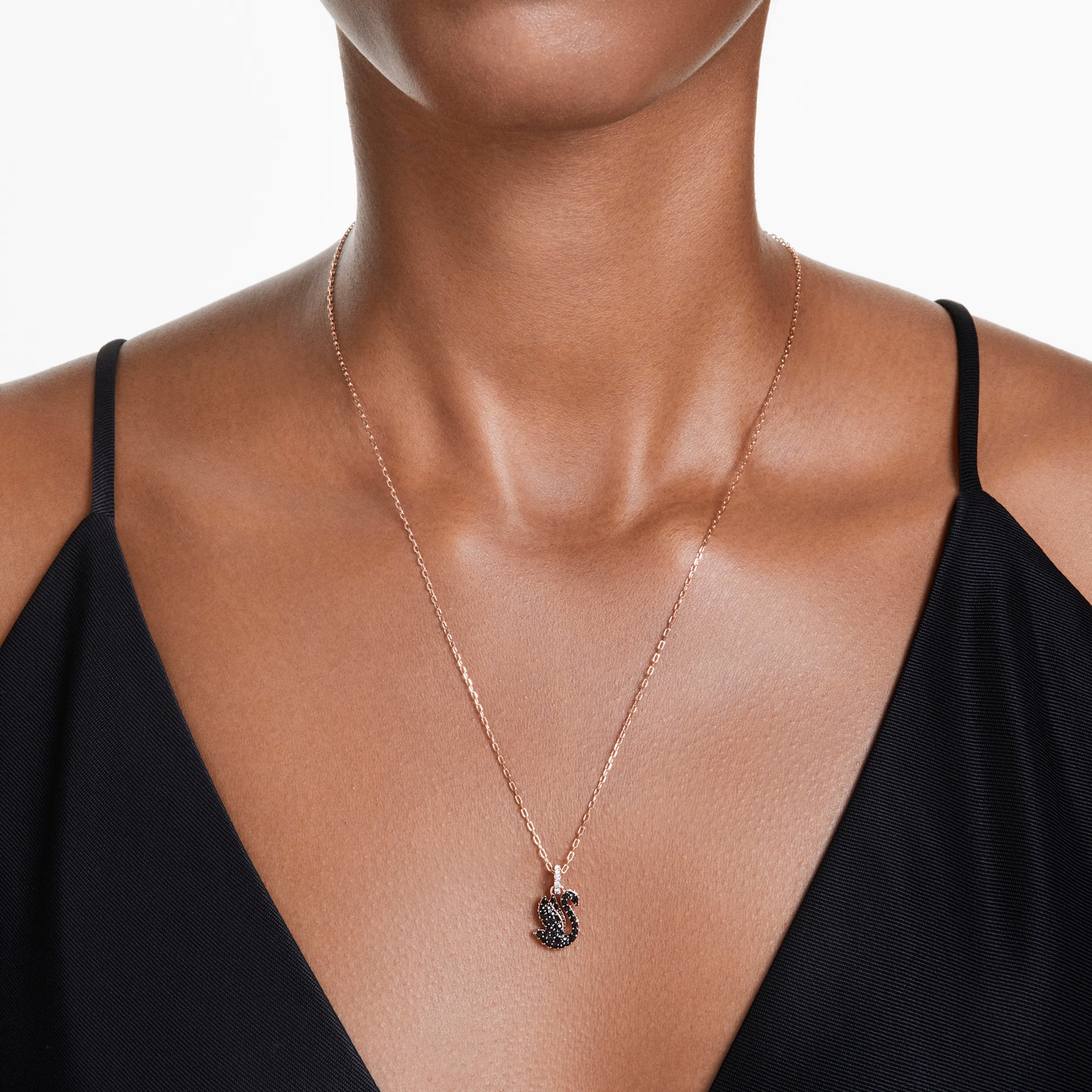 Swan, Small, Black, Rose gold-tone plated
