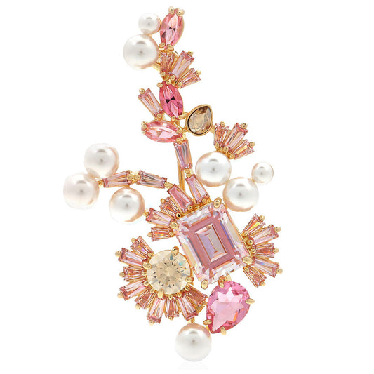Gema brooch Mixed cuts Flower Pink Gold-tone plated